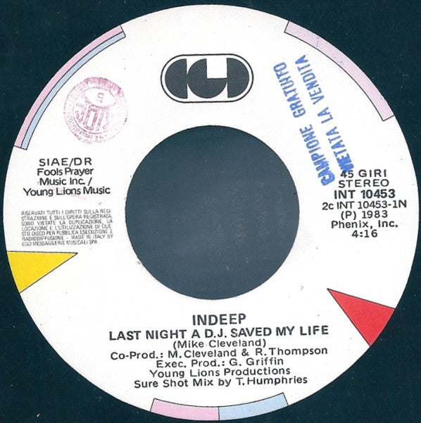 Indeep - Last Night A D.J. Saved My Life 7'' IT Press