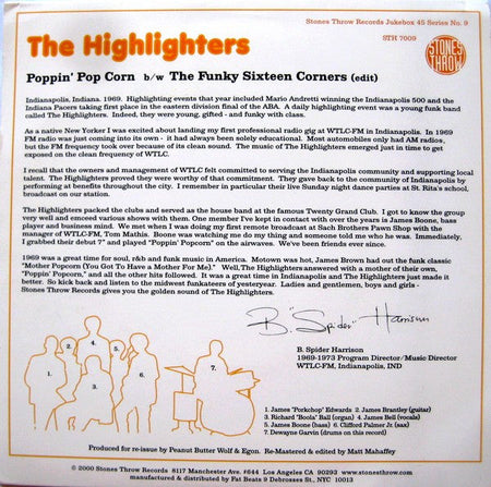 The Highlighters Band - Poppin' Pop Corn b/w The Funky Sixteen Corners - The Funkadoobian