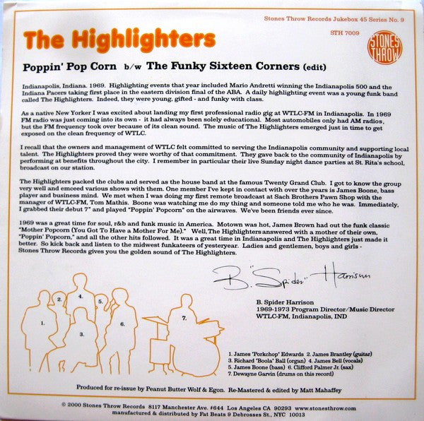 The Highlighters Band - Poppin' Pop Corn b/w The Funky Sixteen Corners - The Funkadoobian